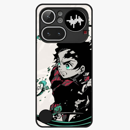 Demon Slayer Glass Case showing flat back view with bold anime inspired artwork and glossy glass finish.