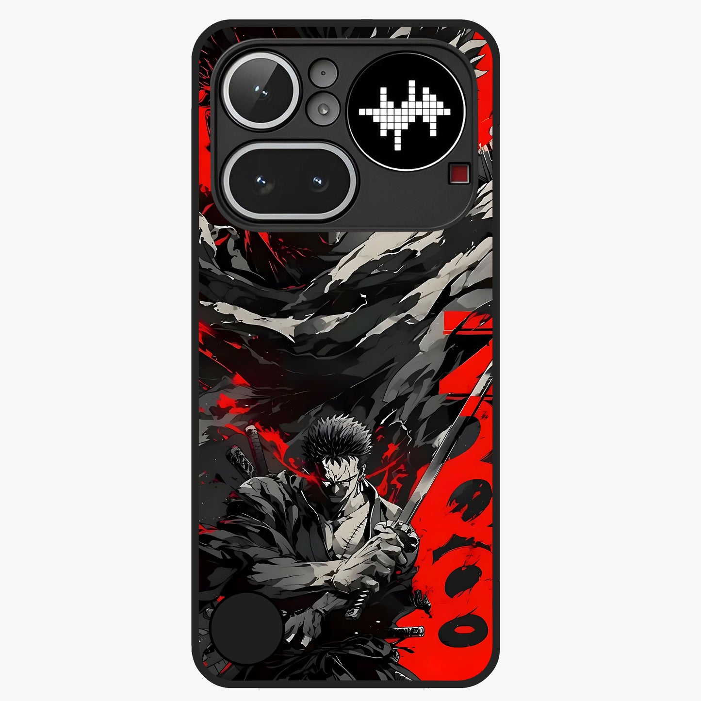Demon Sword Resolve Glass Case showing flat back view with fierce sword warrior artwork and glossy glass finish.