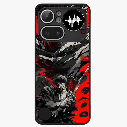 Demon Sword Resolve Glass Case showing flat back view with fierce sword warrior artwork and glossy glass finish.