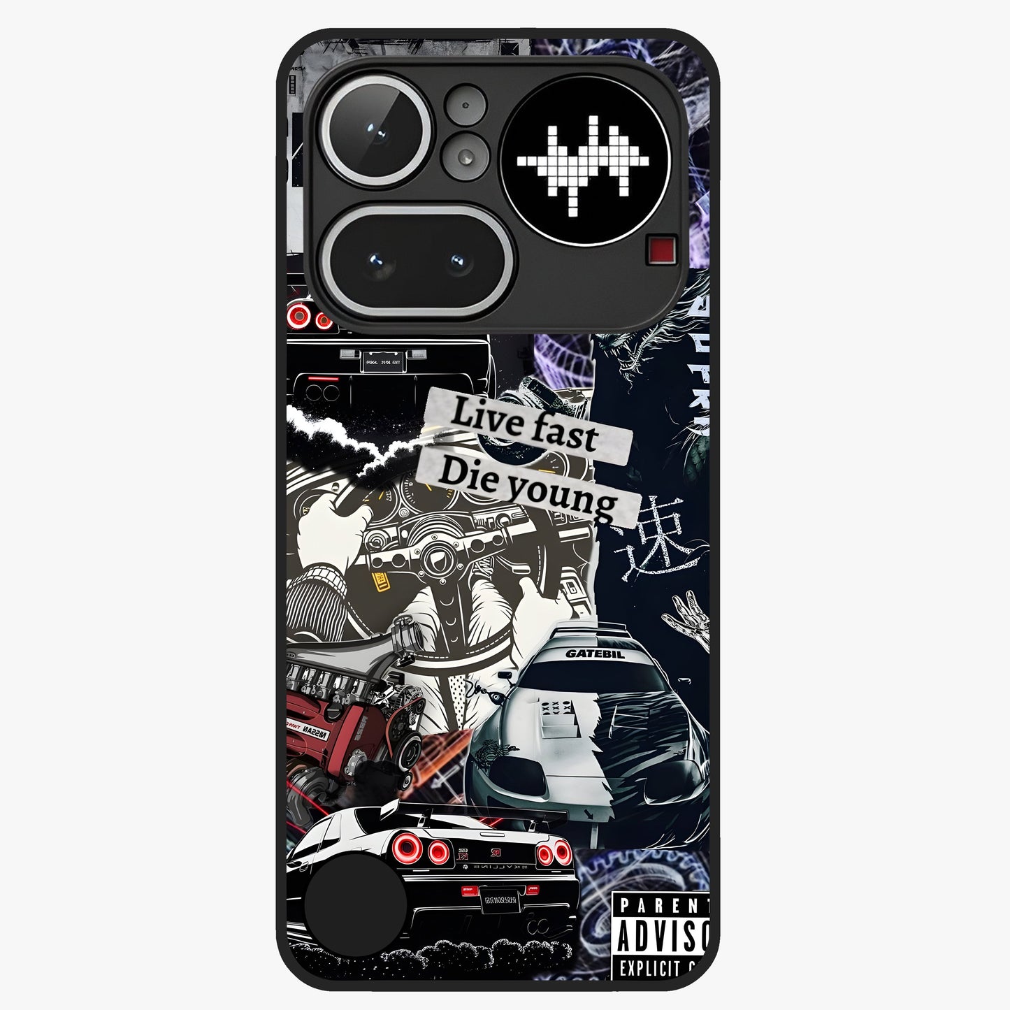 Die Young Glass Case showing flat back view with bold artistic typography design and glossy glass finish.