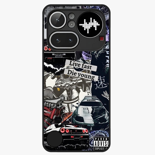 Die Young Glass Case showing flat back view with bold artistic typography design and glossy glass finish.
