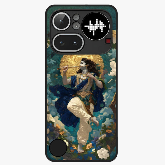 Divine Krishna Art Glass Case showing flat back view with Lord Krishna artwork and glossy glass finish.