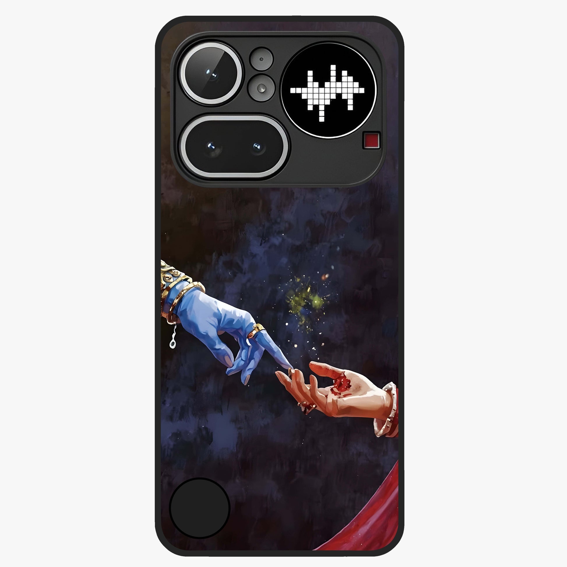 Divine Touch Eternal Glass Case showing flat back view with spiritual themed artwork and glossy glass finish.