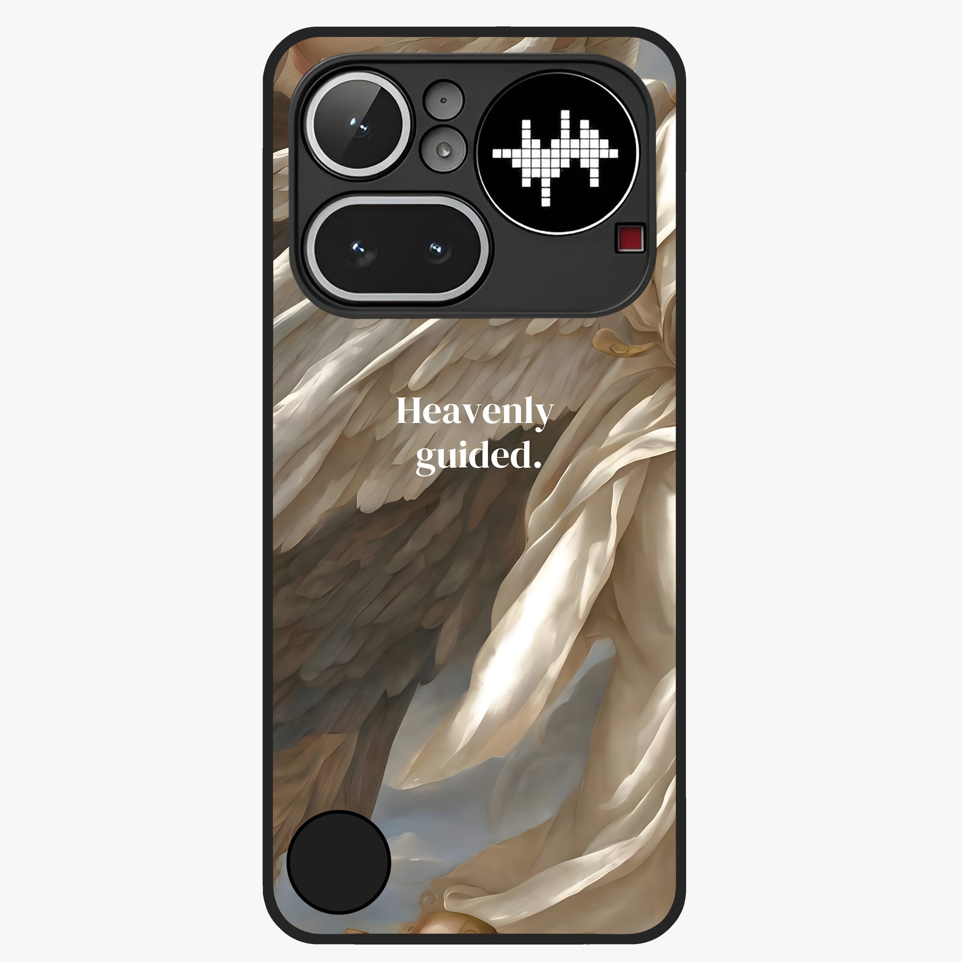Divine Winged Grace Glass Case showing flat back view with elegant wing inspired artwork and glossy glass finish.