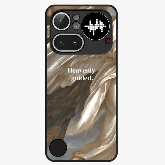 Divine Winged Grace Glass Case showing flat back view with elegant wing inspired artwork and glossy glass finish.