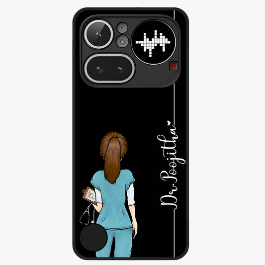 Doctor Pattern Custom Name Glass Case showing flat back view with medical themed pattern and personalized name design.