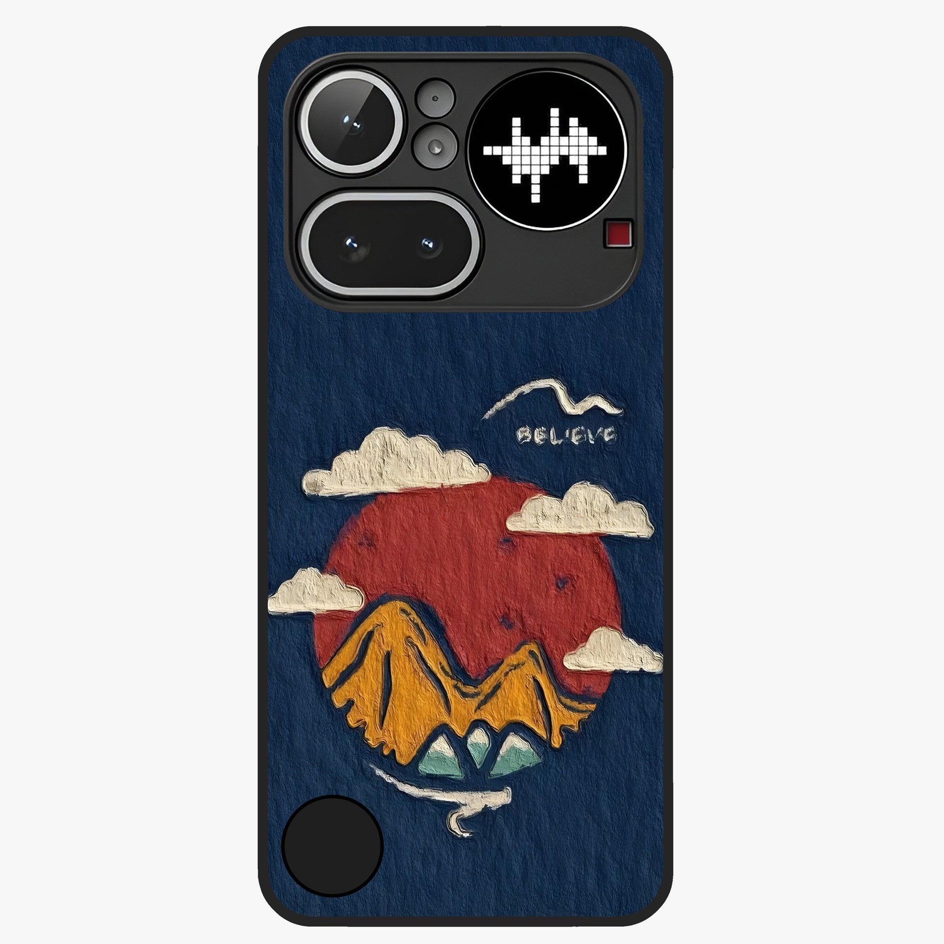 Dream Beyond Mountains Glass Case showing flat back view with scenic mountain landscape artwork and glossy glass finish.
