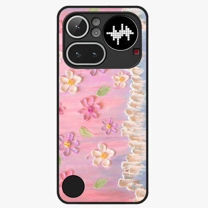 Dreamy Painted Garden Glass Case showing flat back view with artistic painted floral garden artwork and glossy glass finish.
