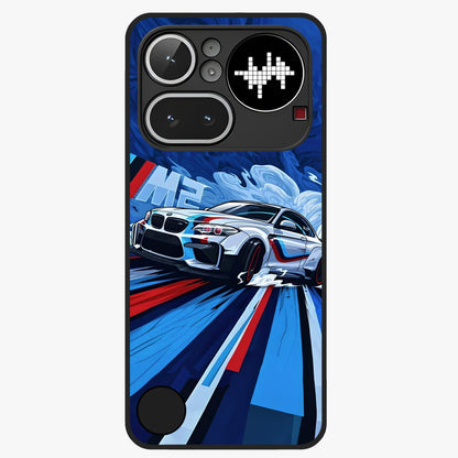 Drift Power Rush Glass Case showing flat back view with dynamic racing inspired artwork and glossy glass finish.
