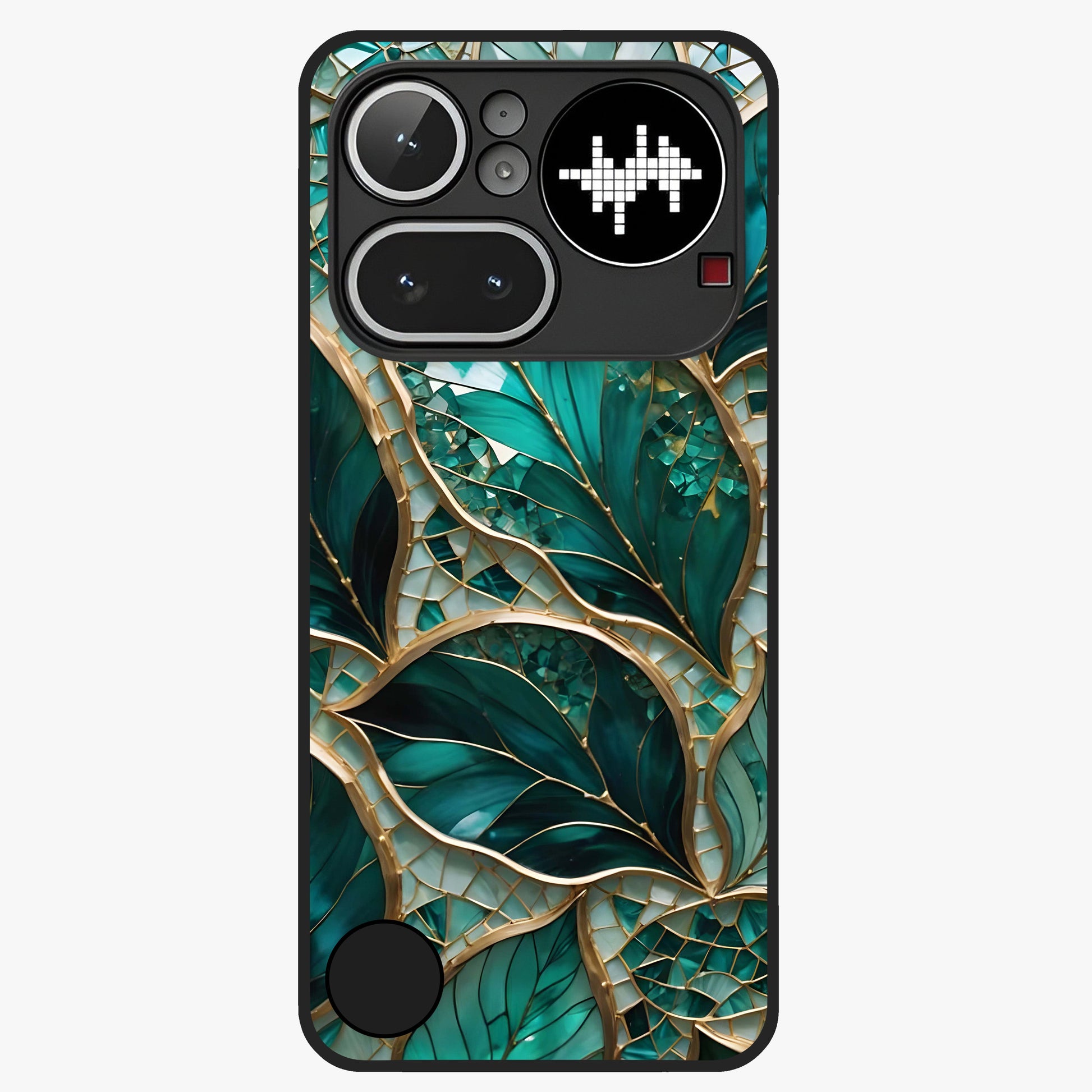 Emerald Leaf Glass Glass Case showing flat back view with emerald green leaf artwork and glossy glass finish.