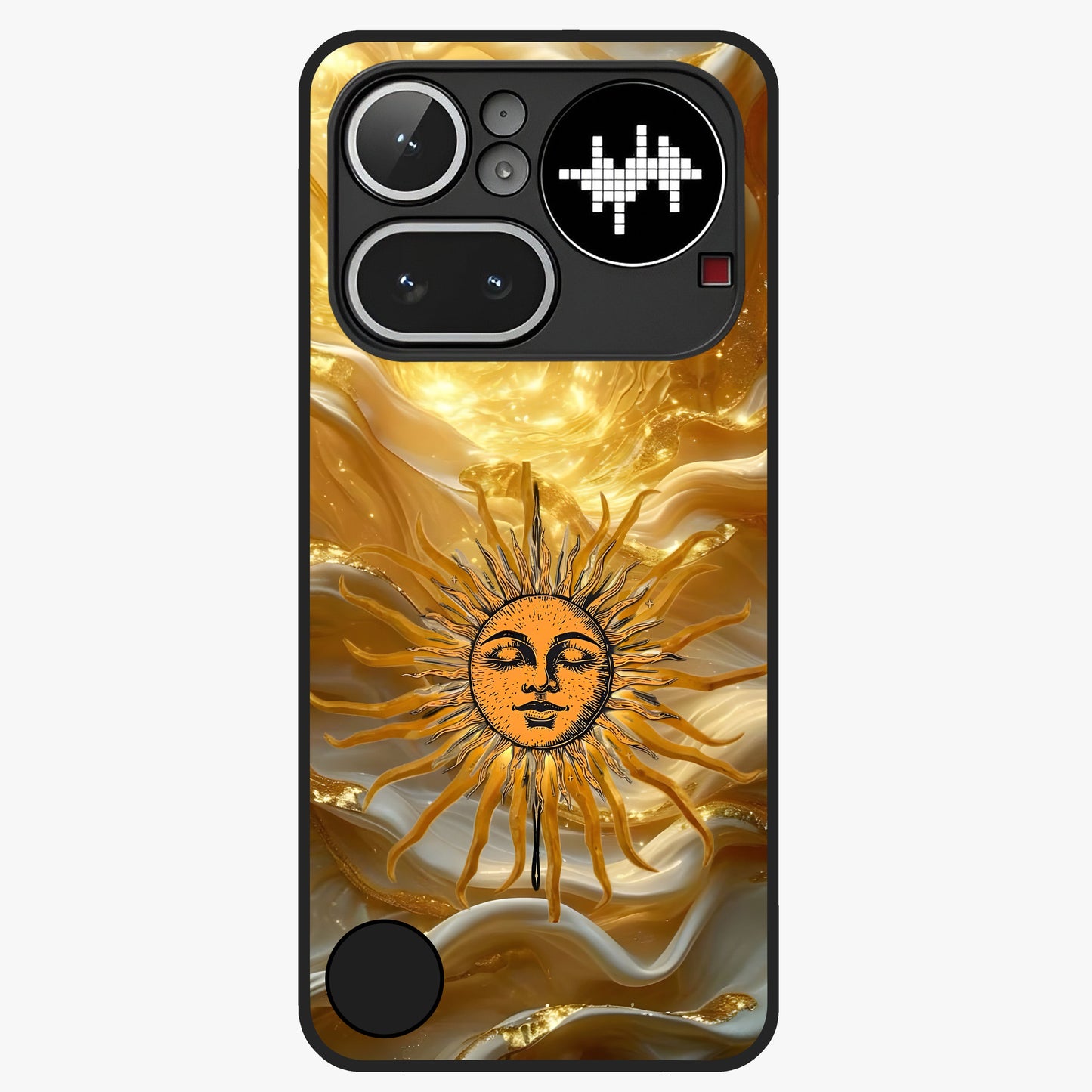 Eternal Golden Glow Glass Case showing flat back view with radiant golden themed artwork and glossy glass finish.