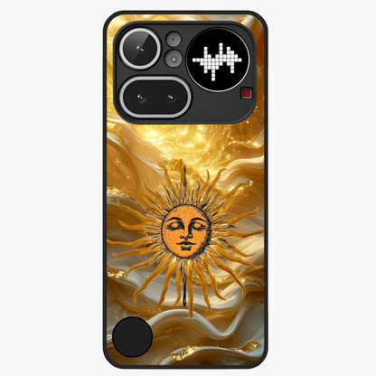 Eternal Golden Glow Glass Case showing flat back view with radiant golden themed artwork and glossy glass finish.