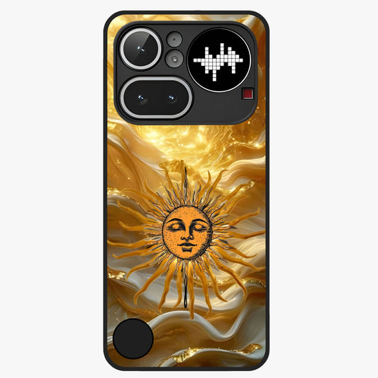 Eternal Golden Glow Glass Case showing flat back view with radiant golden themed artwork and glossy glass finish.