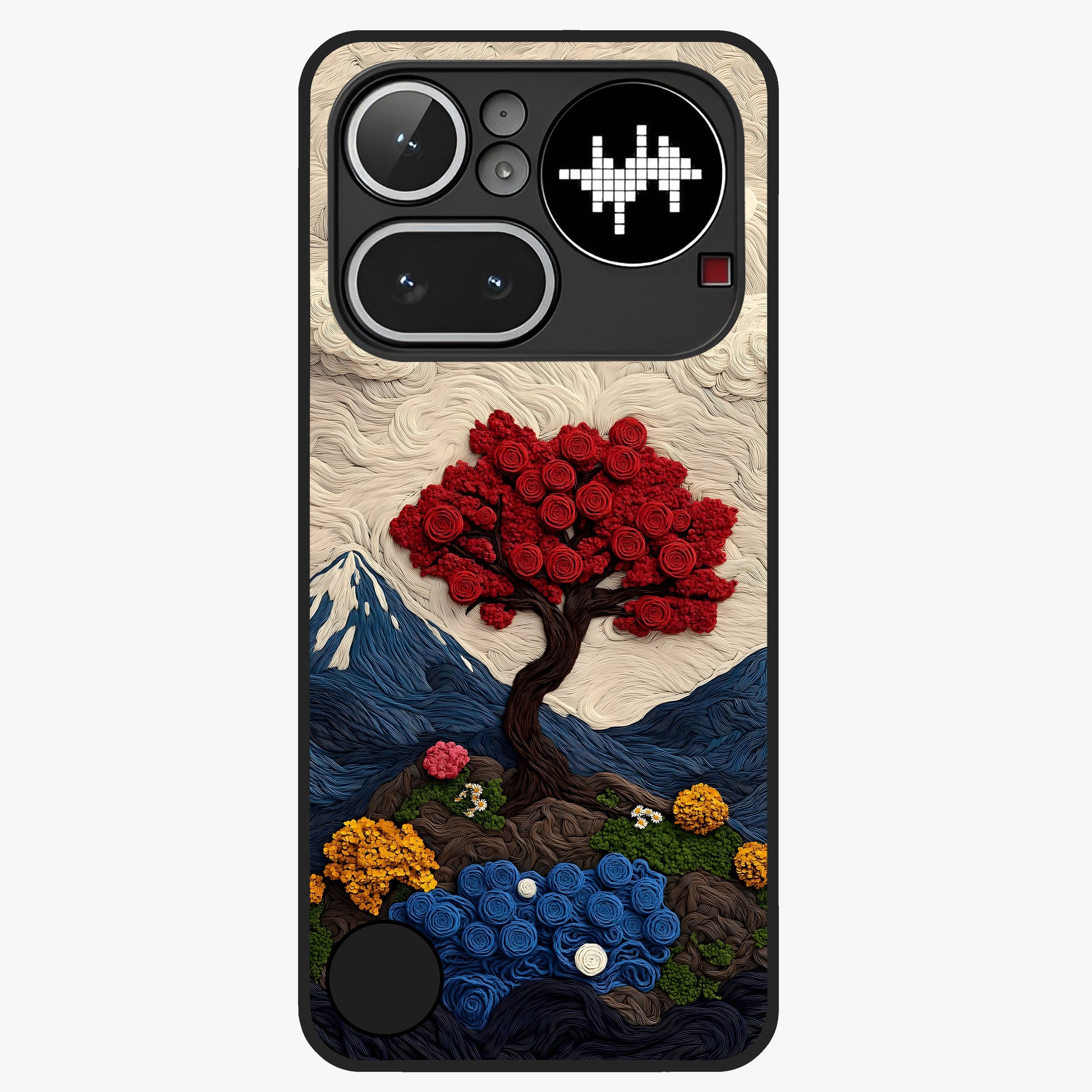 Eternal Nature Tapestry Glass Case showing flat back view with intricate nature tapestry artwork and glossy glass finish.