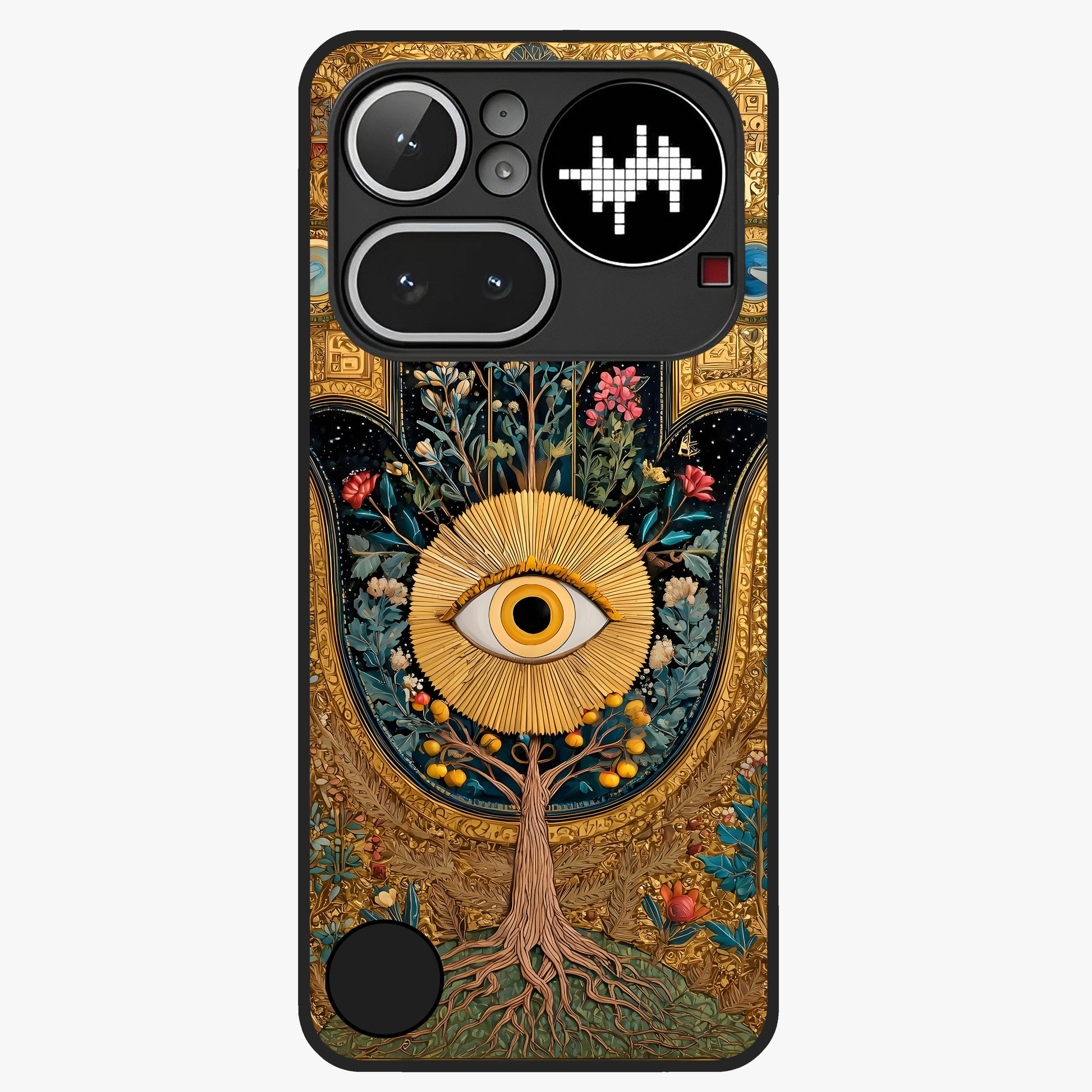 Ethereal Evil Eye Glass Case showing flat back view with mystical evil eye artwork and glossy glass finish.