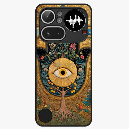 Ethereal Evil Eye Glass Case showing flat back view with mystical evil eye artwork and glossy glass finish.