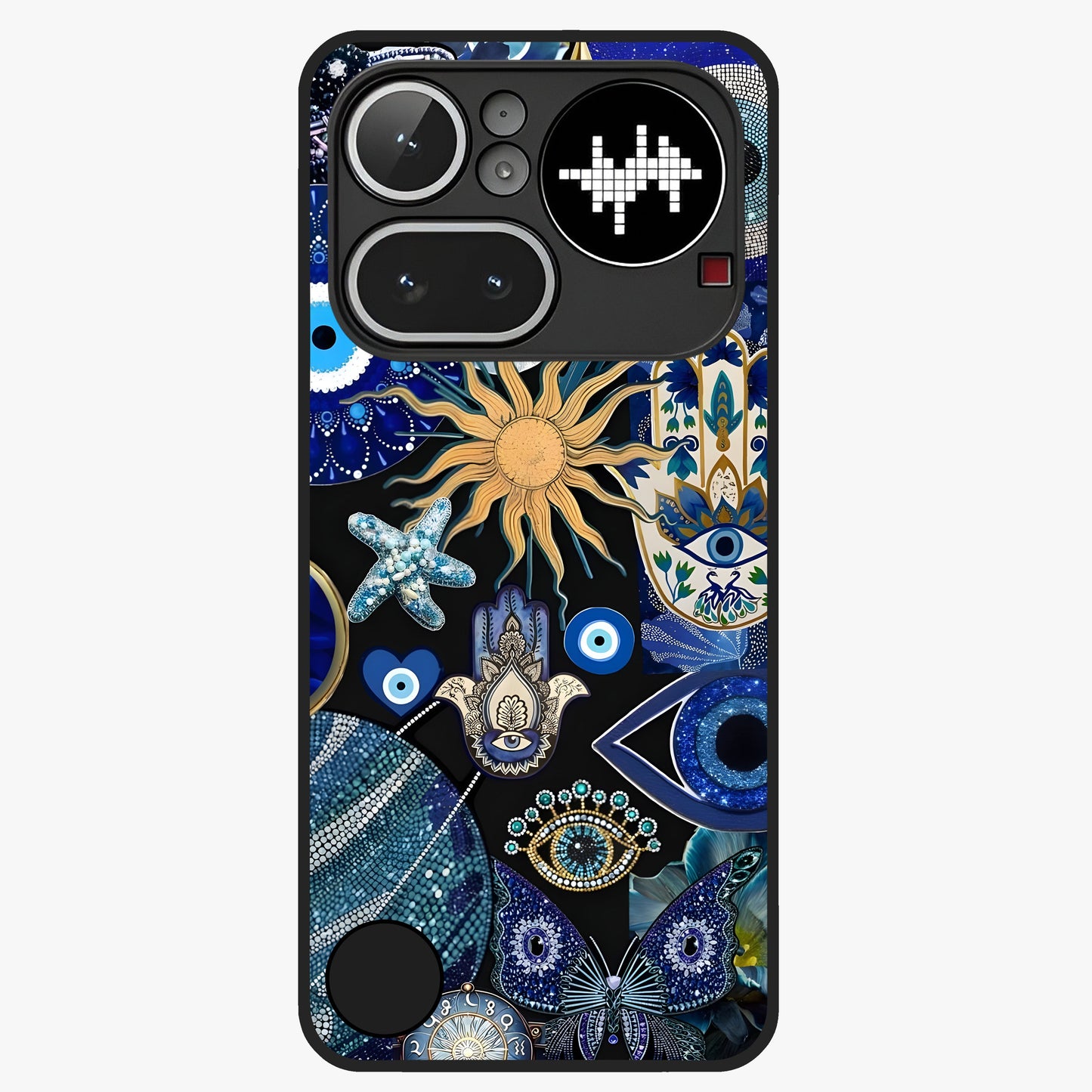 Evil Eye Charm Mix Glass Case showing flat back view with multiple evil eye charms artwork and glossy glass finish.