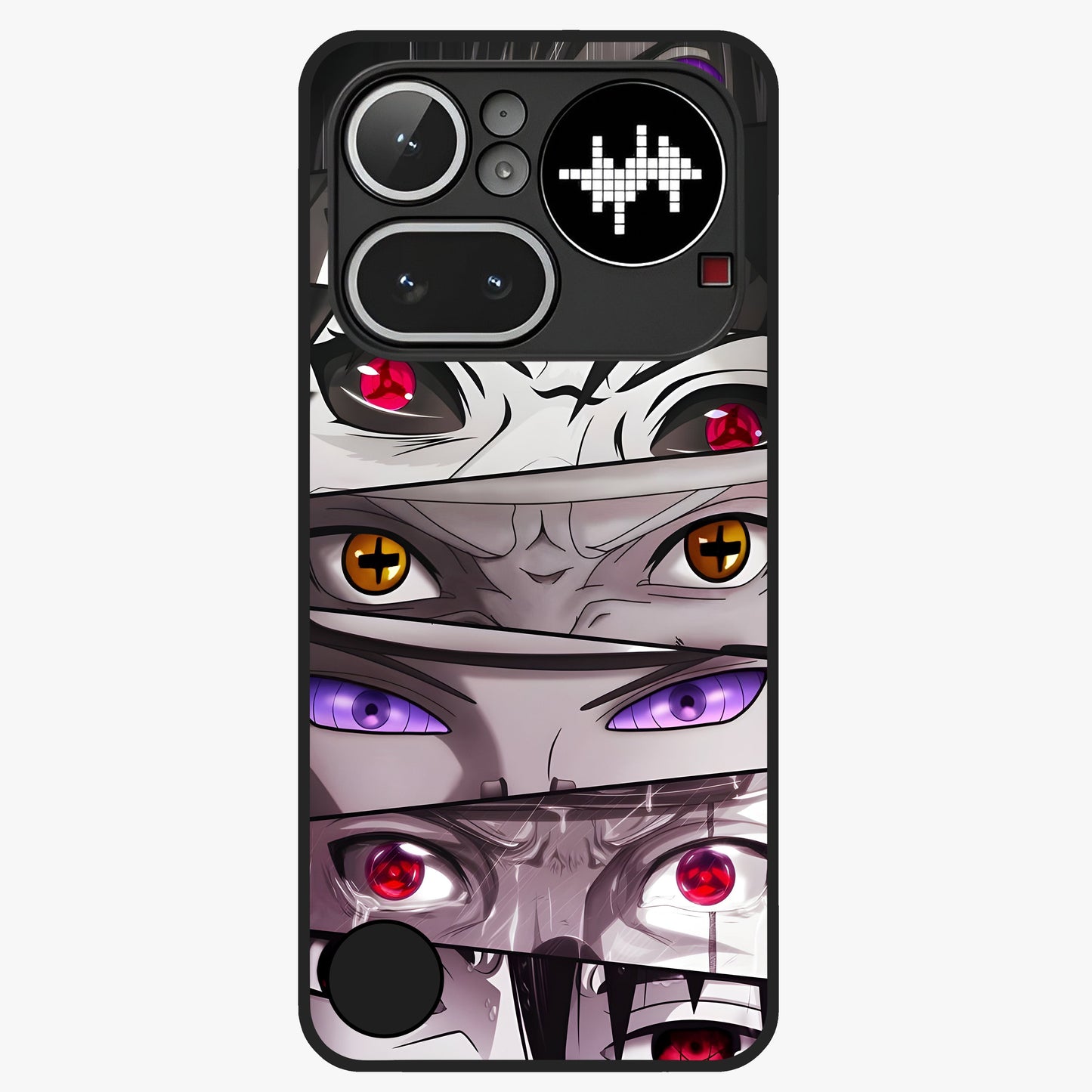 Eyes of Destiny Glass Case showing flat back view with striking eye themed artwork and glossy glass finish.