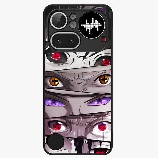 Eyes of Destiny Glass Case showing flat back view with striking eye themed artwork and glossy glass finish.