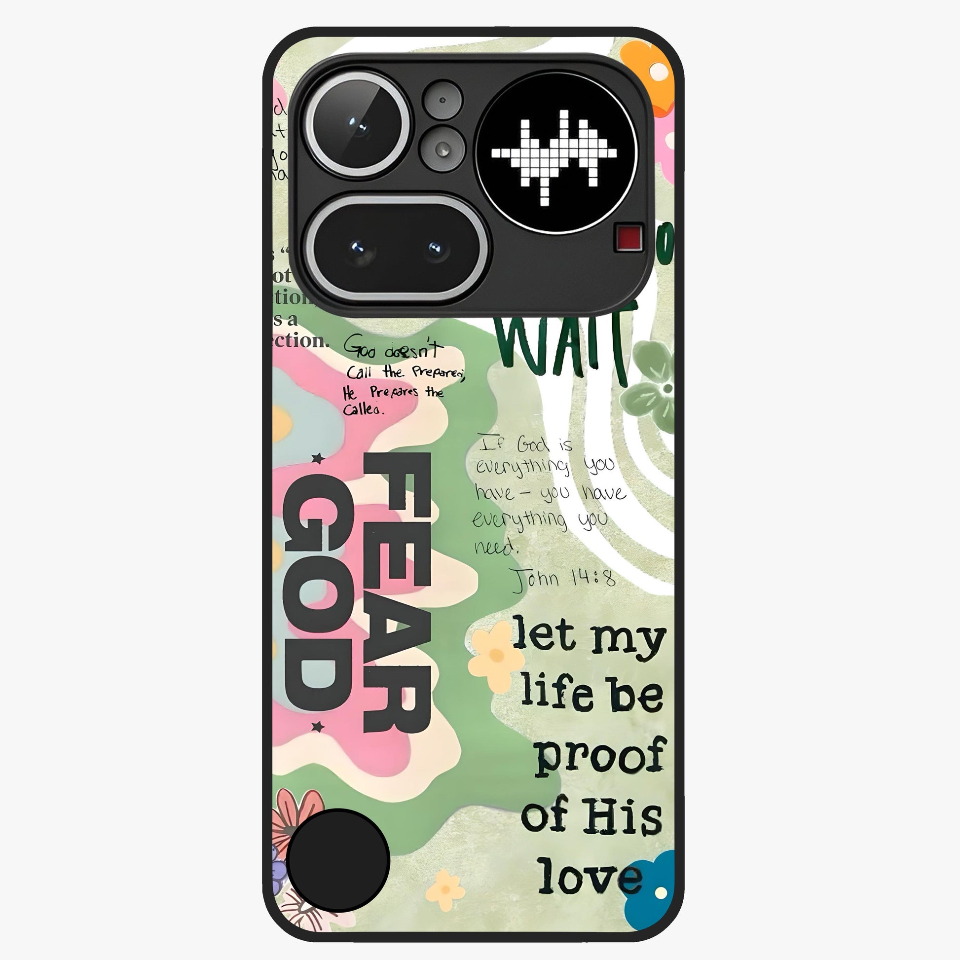 Faith Over Fear Glass Case showing flat back view with motivational typography artwork and glossy glass finish.