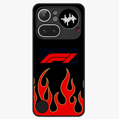 Fire F11 Glass Case showing flat back view with fiery themed artwork and glossy glass finish.