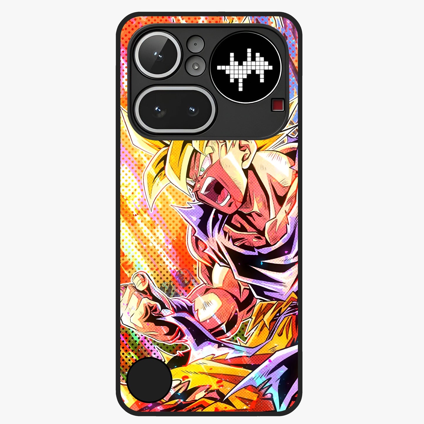 Firing Goku Glass Case showing flat back view with powerful anime inspired artwork and glossy glass finish.