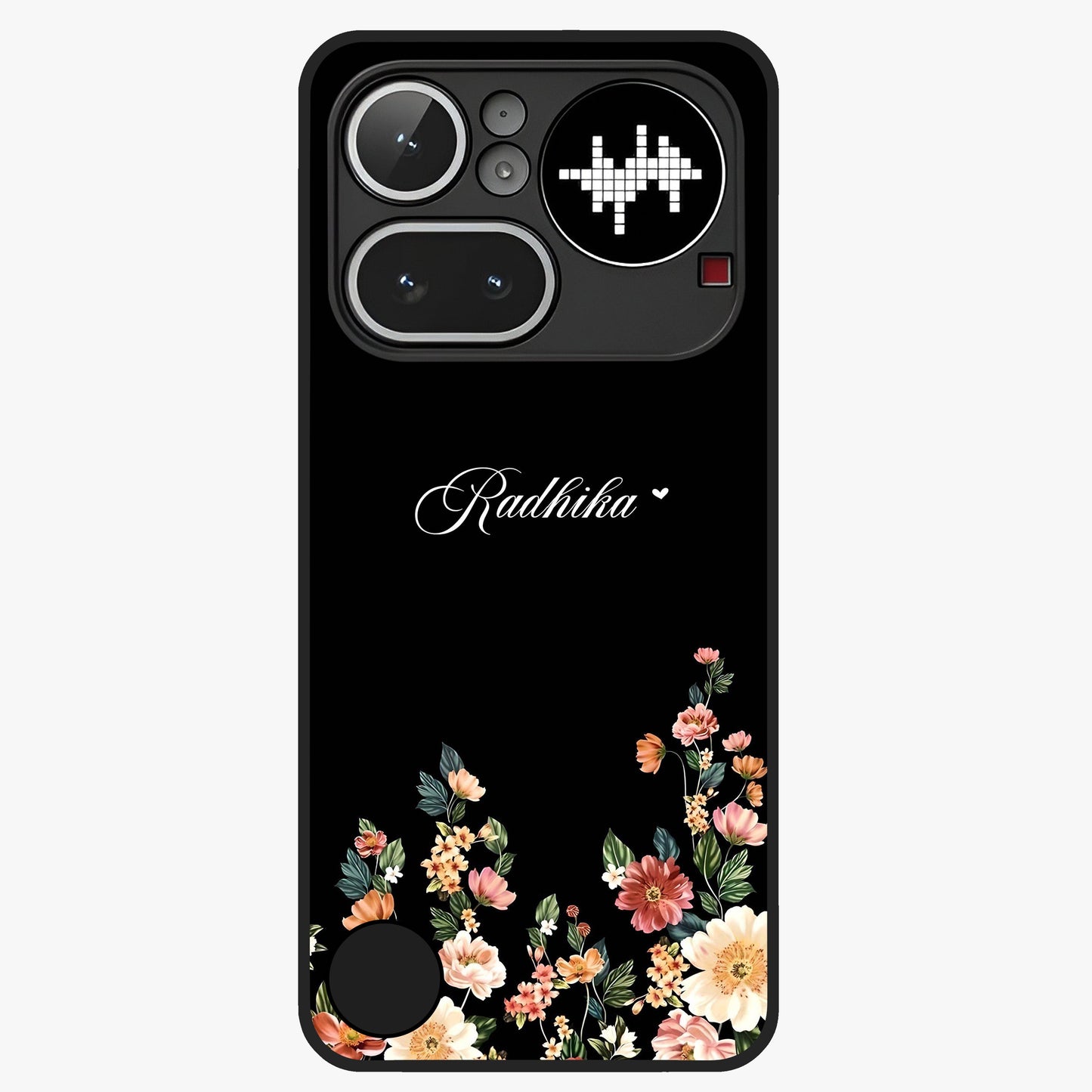 Floral Design With a Custom Personalized Name Glass Case showing flat back view with floral artwork and personalized name design.