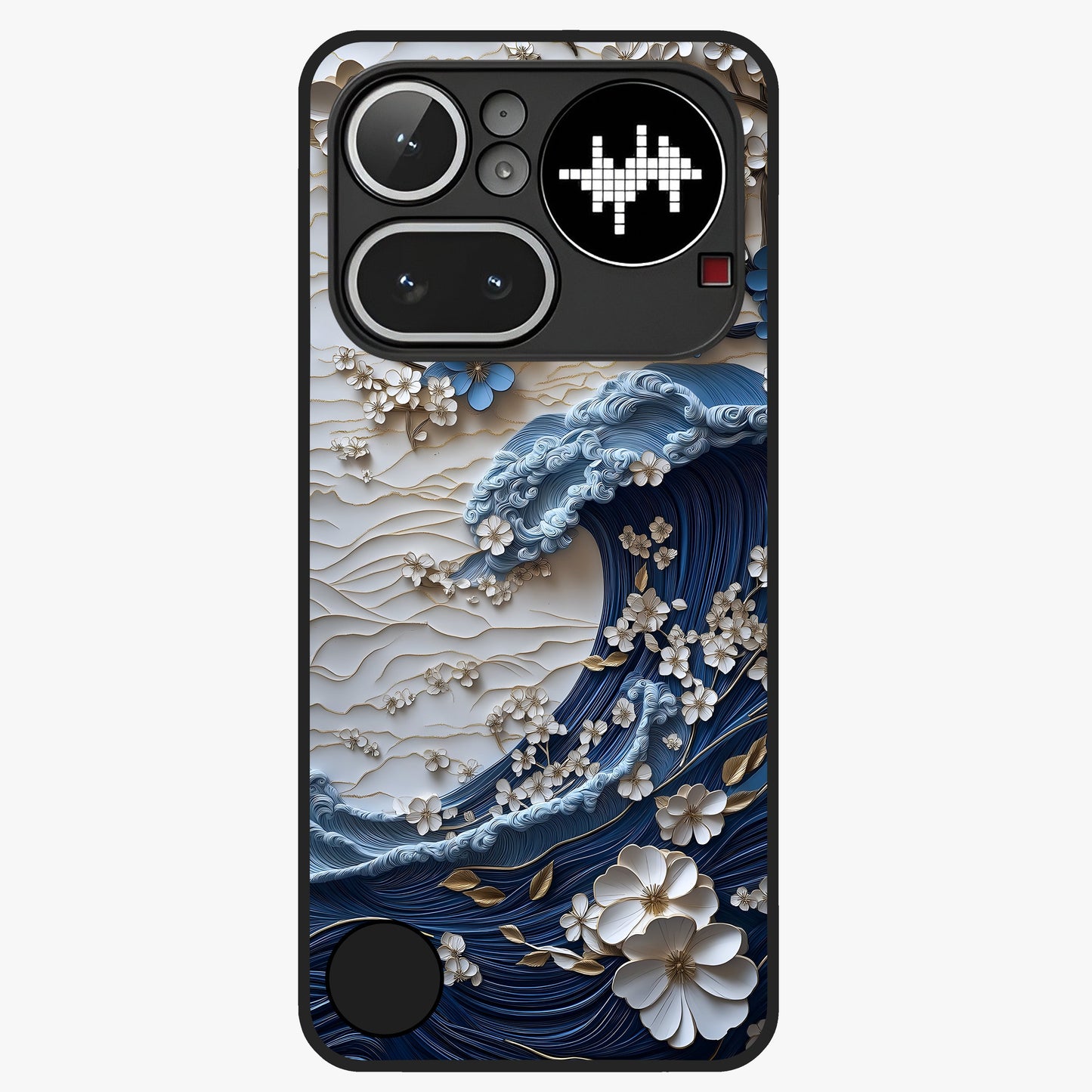 Floral Wave Origami Glass Case showing flat back view with origami inspired floral wave artwork and glossy glass finish.