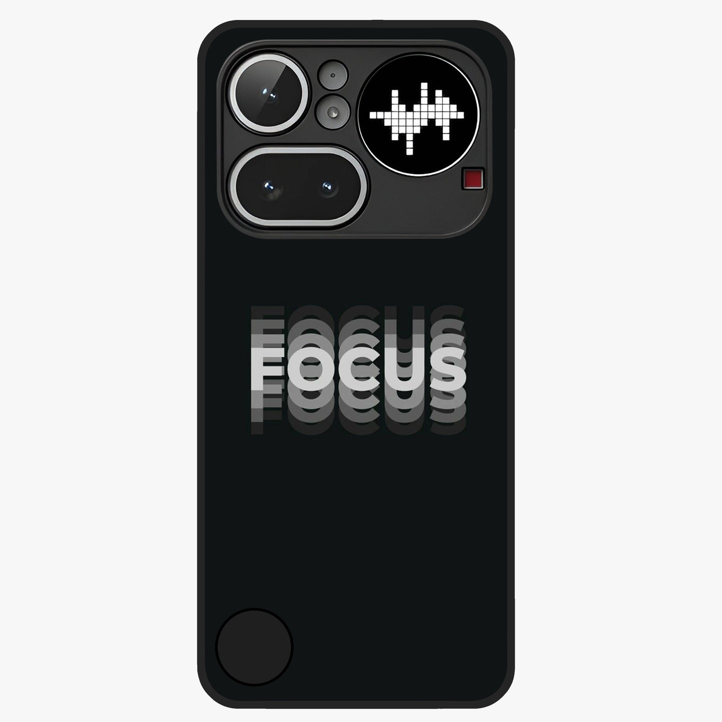 Focus Mode On Glass Case showing flat back view with bold motivational typography design and glossy glass finish.