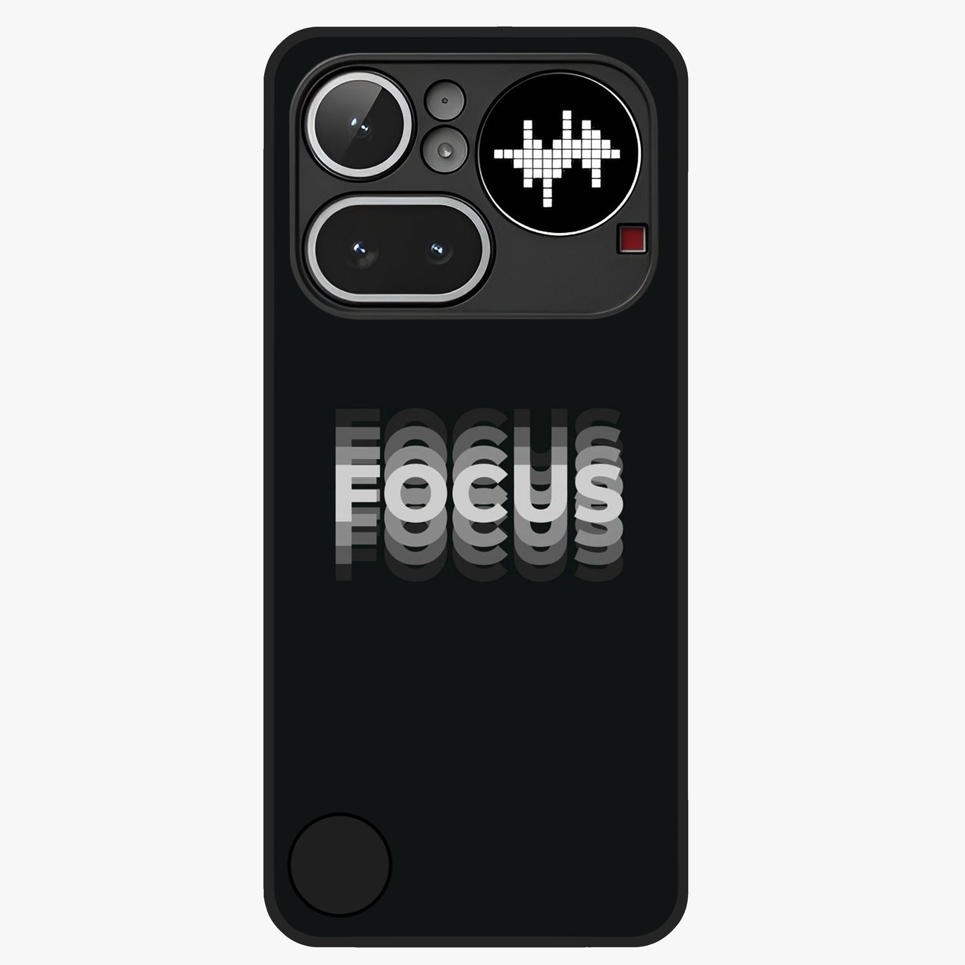 Focus Mode On Glass Case showing flat back view with bold motivational typography design and glossy glass finish.