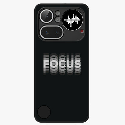 Focus Mode On Glass Case showing flat back view with bold motivational typography design and glossy glass finish.