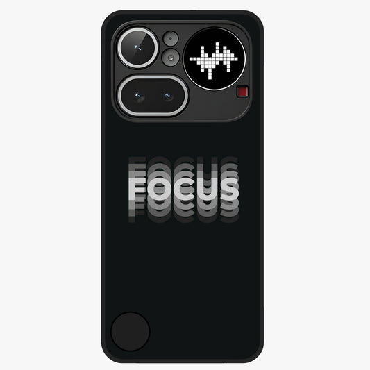 Focus Mode On Glass Case showing flat back view with bold motivational typography design and glossy glass finish.