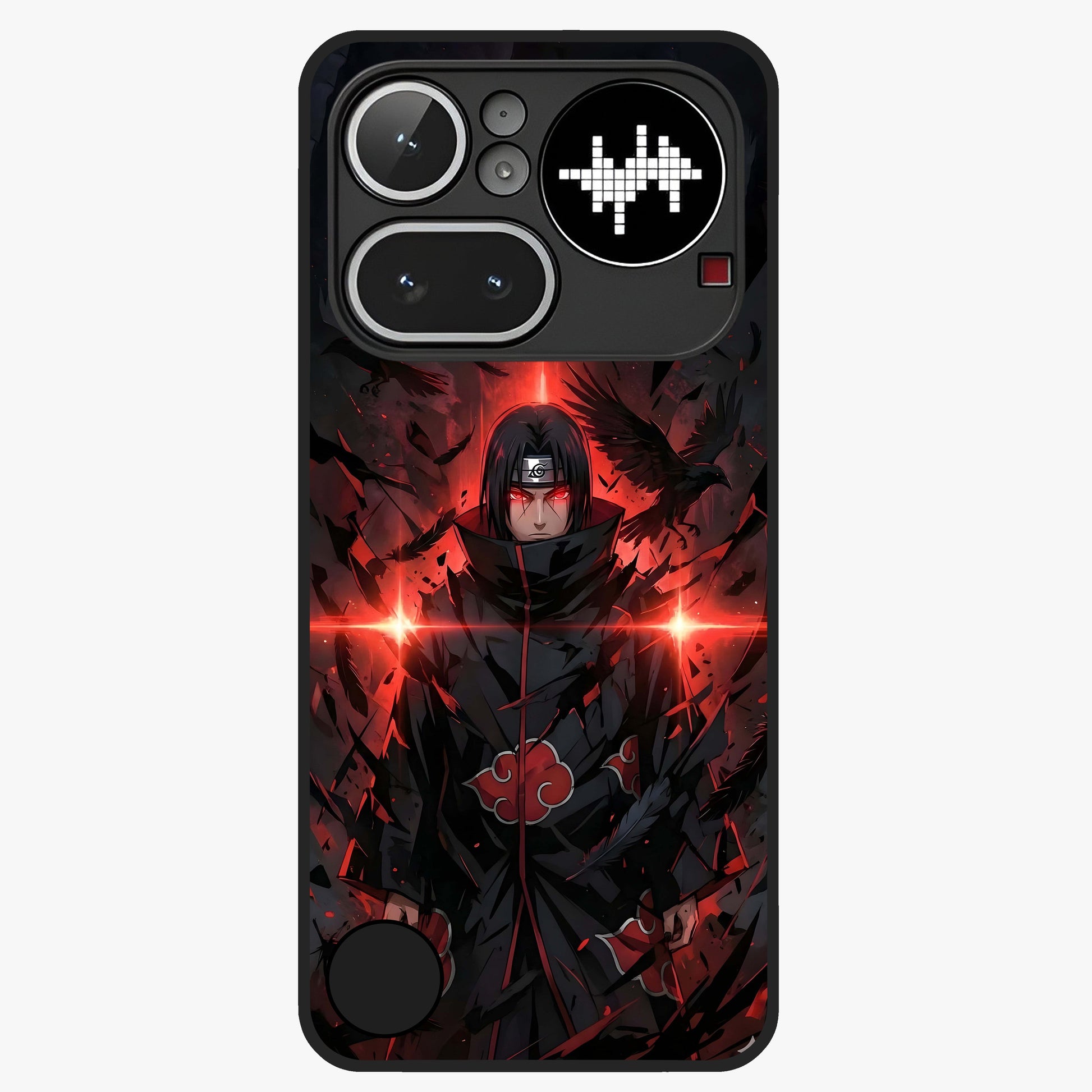 Focused Blade Discipline Glass Case showing flat back view with warrior sword themed artwork and glossy glass finish.