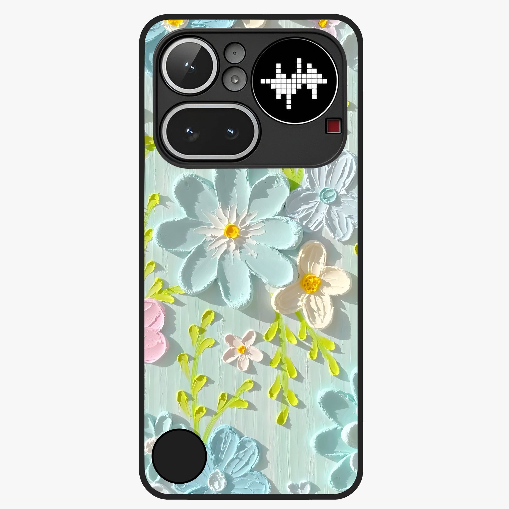 Frosted Petal Garden Glass Case showing flat back view with soft frosted floral artwork and glossy glass finish.