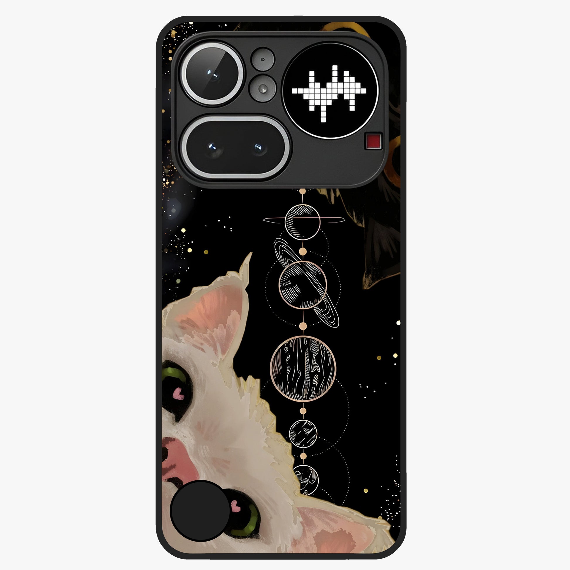 Galactic Cat Glass Case showing flat back view with cosmic cat artwork and glossy glass finish.