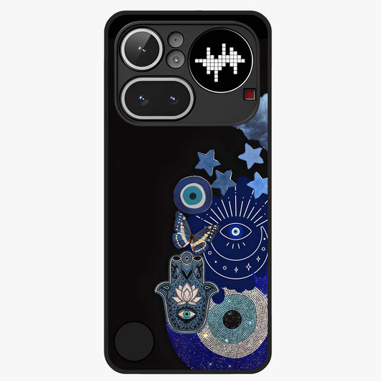 Galactic Charm Cluster Glass Case showing flat back view with glowing celestial charm artwork and glossy glass finish.