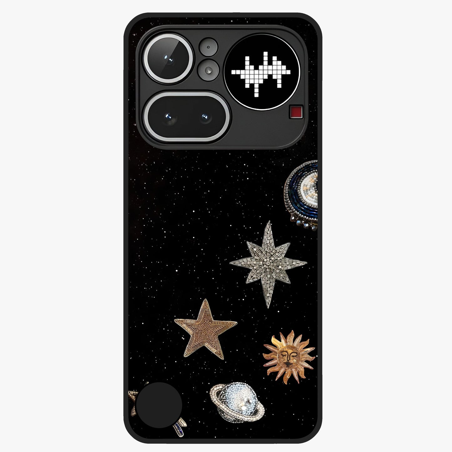 Galactic Charm Glow Glass Case showing flat back view with glowing celestial charm artwork and glossy glass finish.
