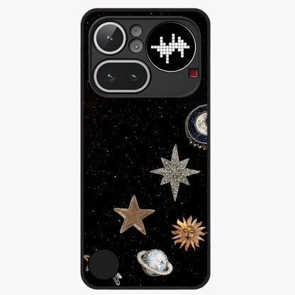 Galactic Charm Glow Glass Case showing flat back view with glowing celestial charm artwork and glossy glass finish.