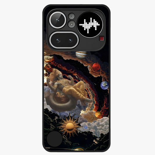 Galactic Divine God Glass Case showing flat back view with divine cosmic themed artwork and glossy glass finish.