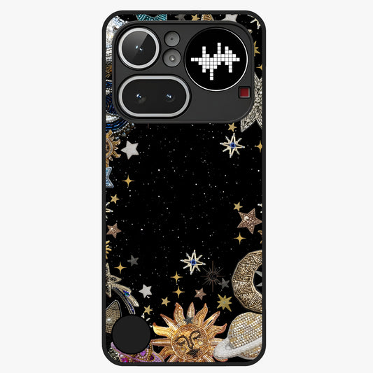 Galactic Jewel Stars Glass Case showing flat back view with sparkling star jewel artwork and glossy glass finish.