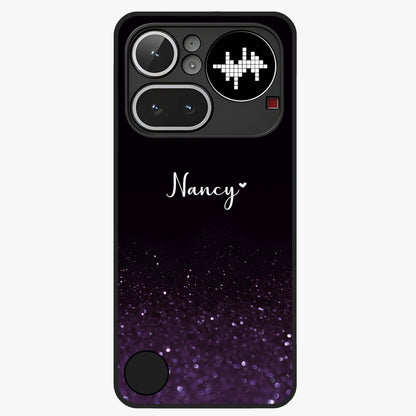 Glittery Purple Bokeh Custom Name Glass Case showing flat back view with purple bokeh sparkle artwork and personalized name design.