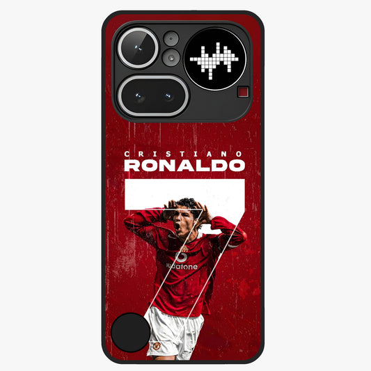 Goal Celebration Legacy Glass Case showing flat back view with football celebration inspired artwork and glossy glass finish.