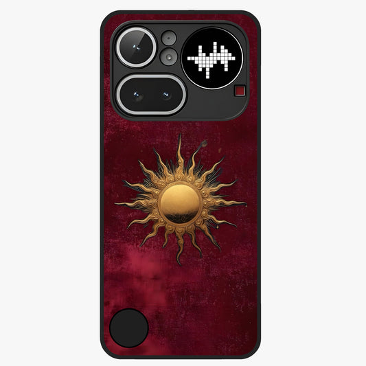Gold Sun Blush Glass Case showing flat back view with golden sun inspired artwork and glossy glass finish.