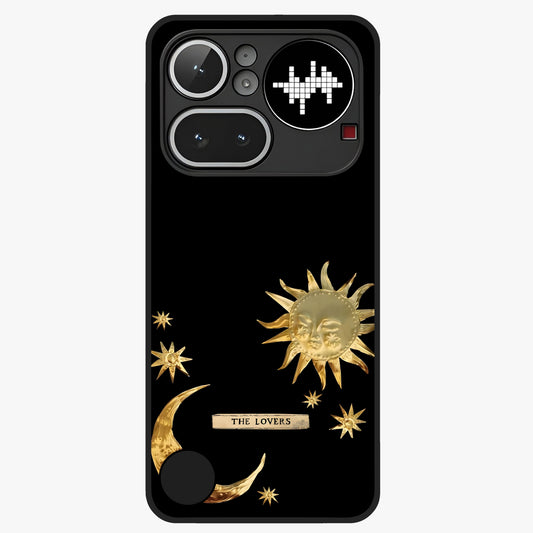 Golden Celestial Charm Glass Case showing flat back view with golden celestial charm artwork and glossy glass finish.