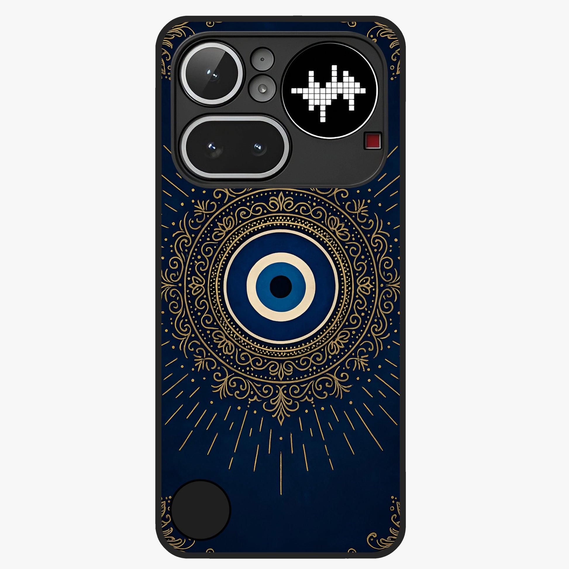Golden Evil Eye Mandala Glass Case showing flat back view with intricate evil eye mandala artwork and glossy glass finish.