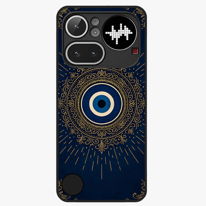 Golden Evil Eye Mandala Glass Case showing flat back view with intricate evil eye mandala artwork and glossy glass finish.