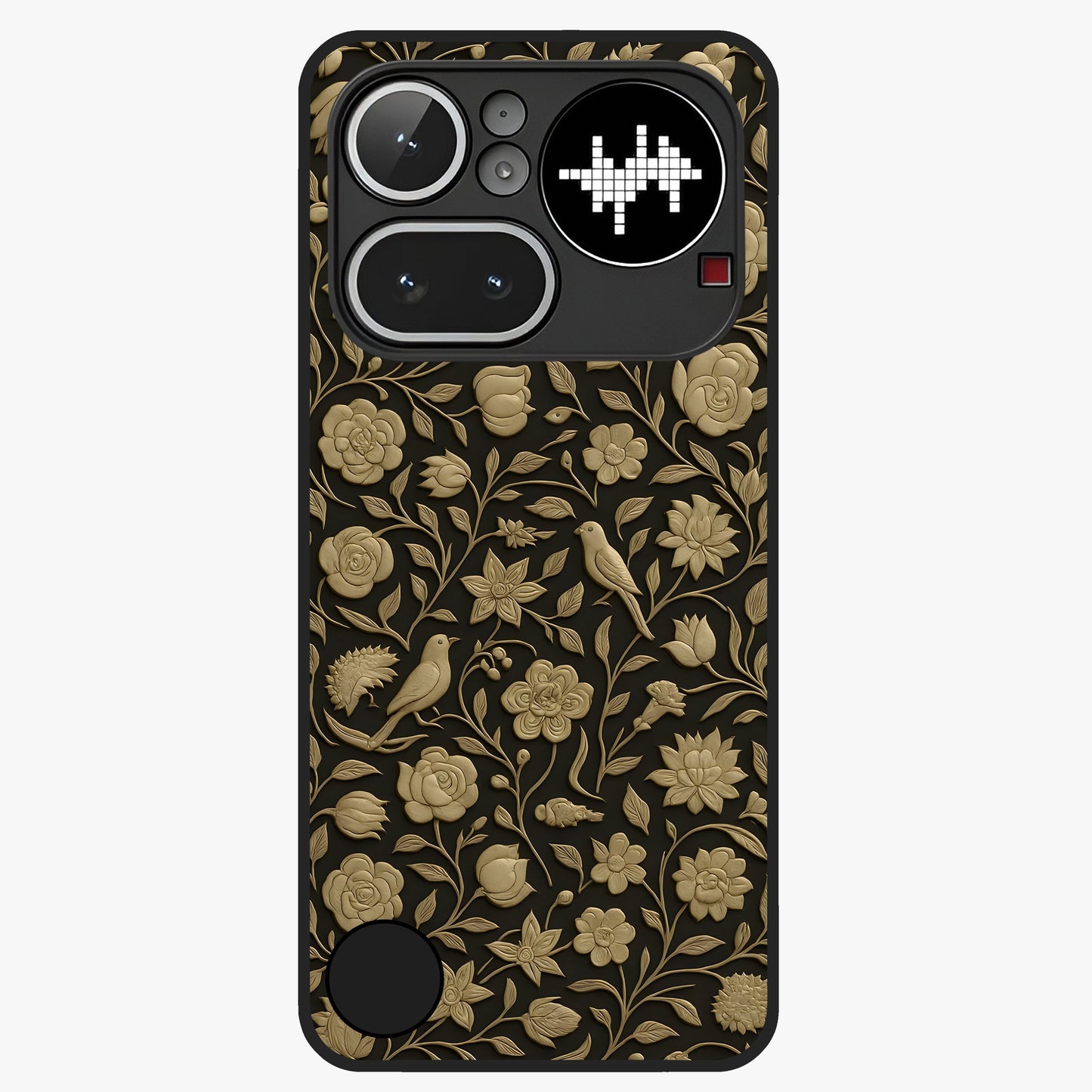 Golden Floral Majesty Glass Case showing flat back view with luxurious golden floral artwork and glossy glass finish.