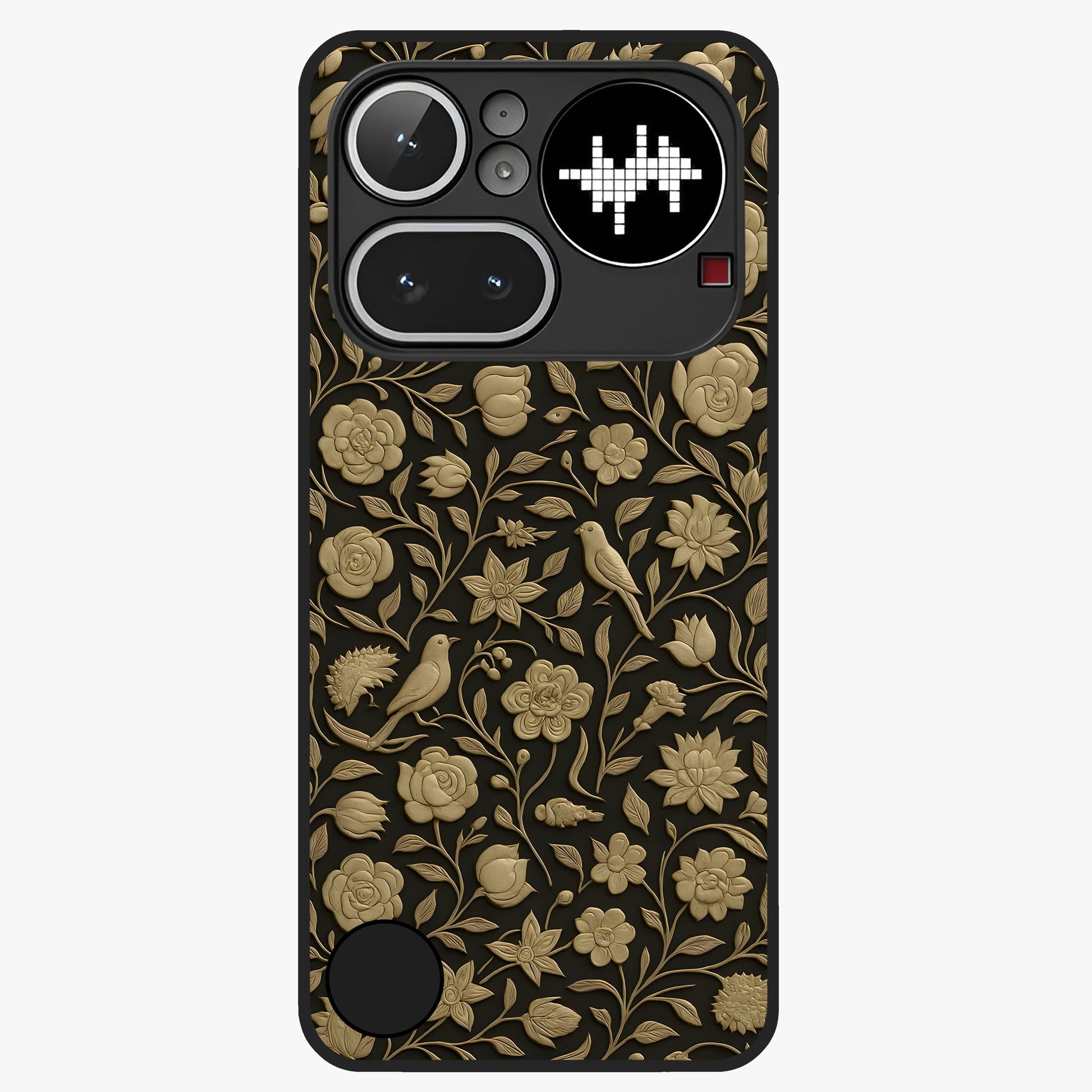 Golden Floral Majesty Glass Case showing flat back view with luxurious golden floral artwork and glossy glass finish.