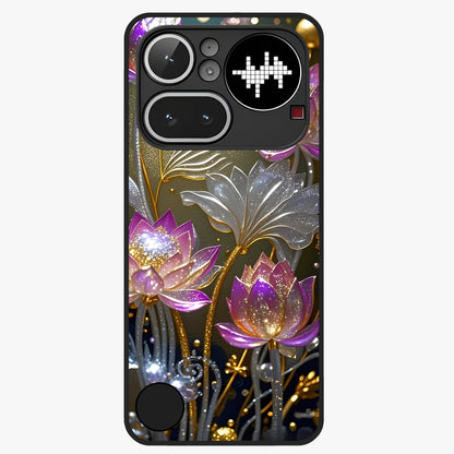 Golden Lotus Glow Glass Case showing flat back view with glowing lotus flower artwork and glossy glass finish.