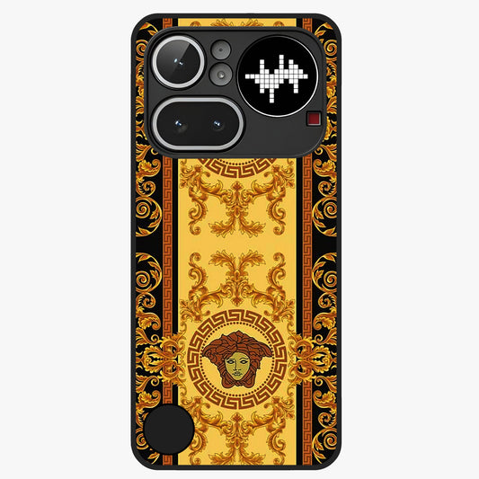 Golden Royal Heritage Glass Case showing flat back view with ornate royal pattern artwork and glossy glass finish.